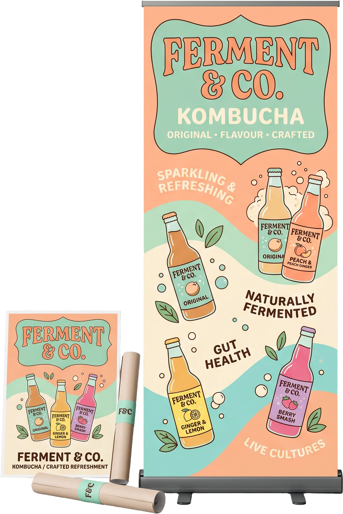 Ferment & Co. Kombucha pull-up banner with rolled and flat posters